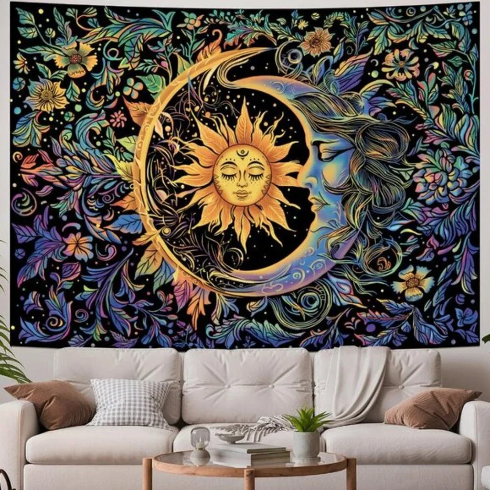New Wall Hanging Boho Floral Sun and Moon Psychedelic Tapestry for Home Decor